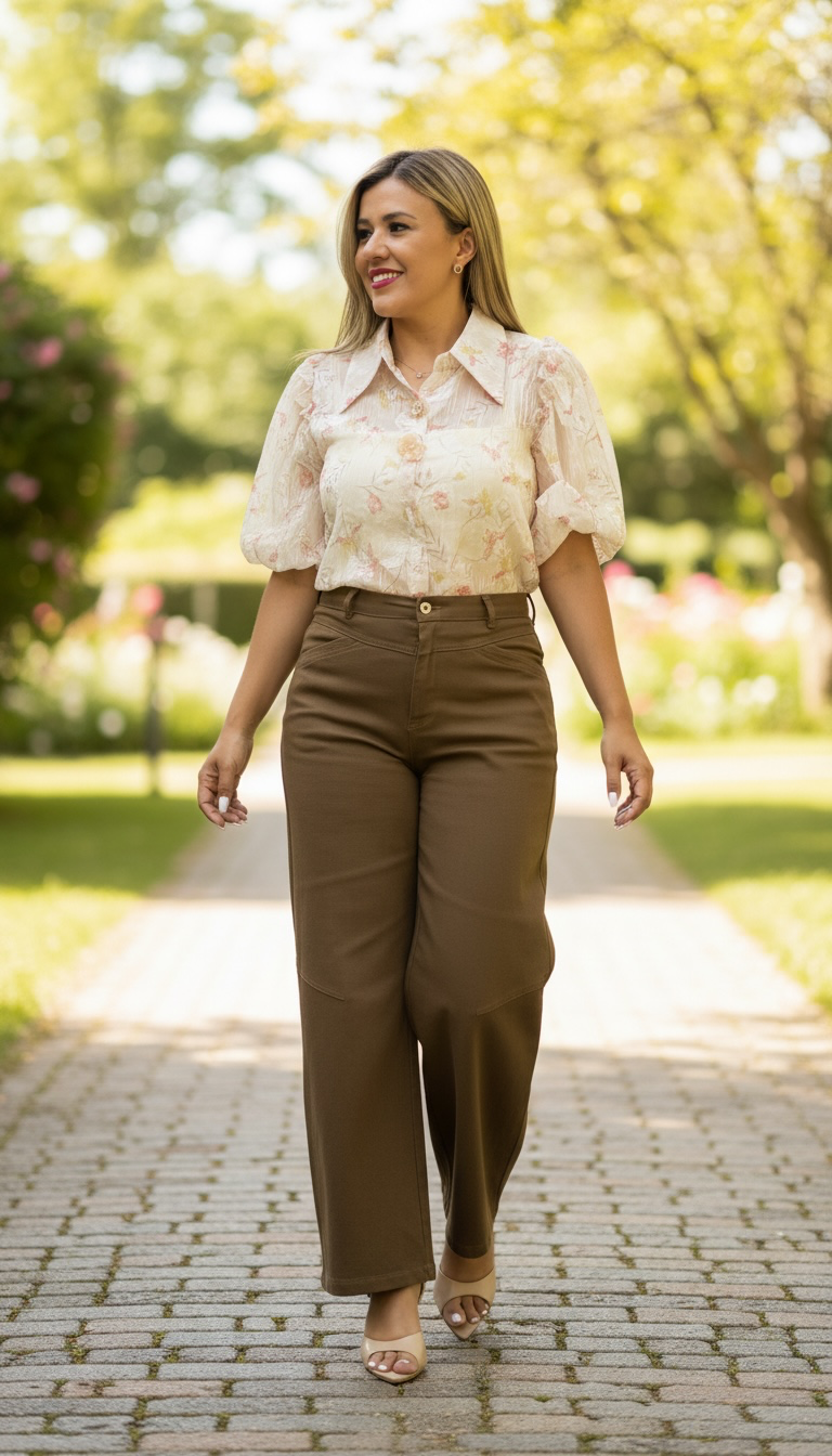 Blusa de Gasa Beige con Estampado de Rosas